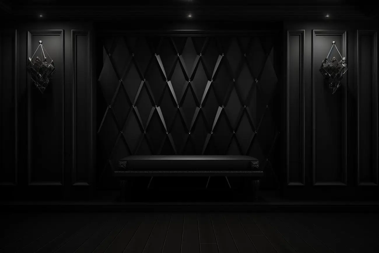 Elegant luxury interior featuring black geometric wall panels, ambient lighting, and sophisticated modern design