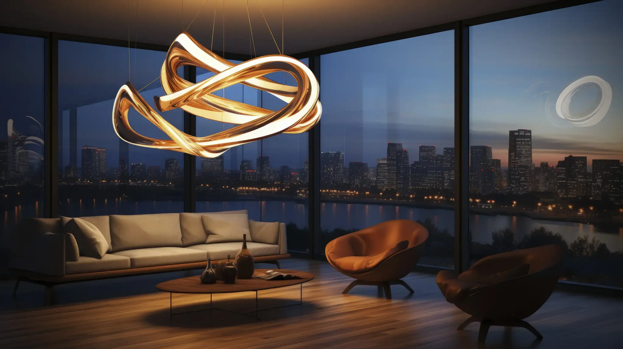 Luxury contemporary living room with panoramic city skyline views through floor-to-ceiling windows at sunset.