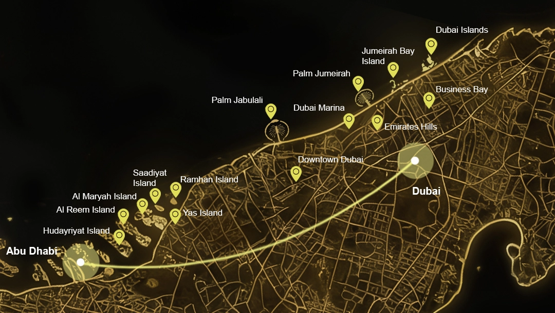 E7 Estates coverage map showcasing prime investment and residential destinations across the UAE.